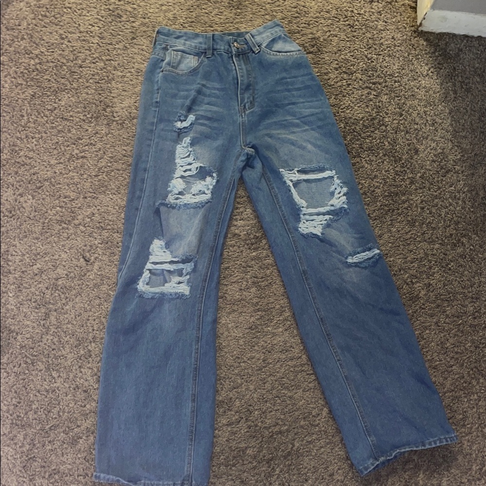 SHEIN Blue Ripped Straight Leg Jeans